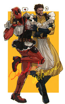 2boys alternate_costume anger_vein apron ass black_skirt blood bloody_weapon bodysuit boots brown_hair claw_(weapon) clenched_teeth commentary crossdressing crossdressing_(mtf) crossed_arms deadpool deadpool_&amp;_wolverine deadpool_(series) english_commentary enmaided full_body gloves gun hand_on_another's_shoulder heart highres holding holding_gun holding_weapon looking_to_the_side maid maid_headdress male_focus male_maid marvel marvel mask mcbuckwheat multiple_boys muscular muscular_male red_bodysuit red_mask short_hair skirt spoken_anger_vein spoken_heart stab standing standing_on_one_leg superhero_costume teeth weapon wolverine_(x-men) x-men yellow_skirt