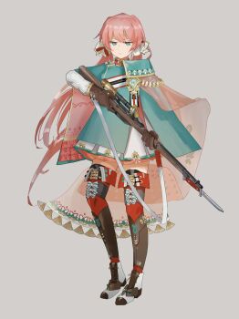 1girl absurdres brown_gloves carcano_m1891_(girls'_frontline) closed_mouth commentary_request girls'_frontline gloves green_eyes grey_background gun highres holding holding_gun holding_weapon katyopunch long_hair red_hair simple_background weapon