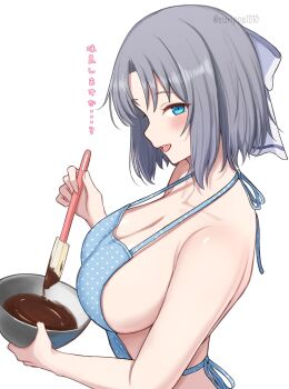 Rule 34 | 1girl, apron, aqua eyes, blue apron, blush, bow, bowl, breasts, chocolate, cleavage, collarbone, commentary request, grey hair, hair bow, highres, holding, holding spatula, large breasts, looking at viewer, medium hair, naked apron, open mouth, polka dot, polka dot apron, senran kagura, senran kagura new link, sideboob, smile, solo, spatula, standing, surippa1010, valentine, white background, white bow, yumi (senran kagura)