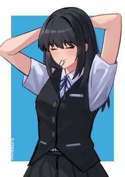 1girl absurdres arms_behind_head black_hair black_skirt black_vest blue_background collared_shirt commentary_request cowboy_shot dress_shirt hayashio_(kancolle) highres kantai_collection kuurei_hibikikurenai long_hair mouth_hold one-hour_drawing_challenge pleated_skirt rubber_band shirt simple_background skirt smile solo vest white_shirt