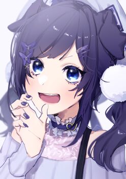 1girl absurdres aiba_uiha animal_ears artist_request beret blonde_hair blue_eyes blue_shirt blush bow choker dog_ears frilled_choker frills grey_hat hair_bow hair_ornament hairclip hat highres long_hair looking_at_viewer nail_polish nijisanji open_mouth pom_pom_(clothes) purple_bow purple_hair purple_nails shirt sidelocks simple_background smile solo source_request twintails upper_body white_background