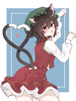 Rule 34 | 1girl, :d, animal ear fluff, animal ear piercing, animal ears, ass cutout, blush, brown hair, butt crack, cat ears, cat girl, cat tail, chen, clothing cutout, commentary request, earrings, from behind, green hat, hat, heart, heart tail, highres, hoop earrings, jewelry, long sleeves, looking at viewer, looking back, medium hair, mob cap, multiple tails, nekomata, open mouth, paw pose, red eyes, red skirt, red vest, shirataki oden2, shirt, single earring, skirt, smile, solo, tail, tail through clothes, thighs, touhou, two tails, vest, white shirt