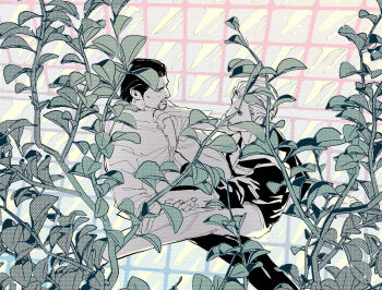 Rule 34 | 2boys, ahoge, beard, commentary request, dojima daigo, facial hair, hair slicked back, halftone, leaf, limited palette, male focus, mine yoshitaka, mullet, multiple boys, plant, ryuu ga gotoku (series), ryuu ga gotoku 3, sitting, sitting on lap, sitting on person, tyag53