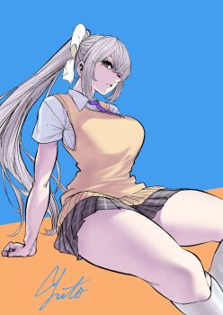 1girl arm_support bare_arms blue_background bow breasts collared_shirt commentary_request eyelashes feet_out_of_frame grey_hair grey_skirt grid_print hair_bow highres higuchi_kaede higuchi_kaede_(1st_costume) invisible_chair large_breasts long_hair looking_at_viewer miniskirt mochimochi_city mole mole_under_eye necktie nijisanji open_mouth orange_background pleated_skirt ponytail print_necktie print_skirt purple_eyes purple_necktie shirt short_sleeves simple_background sitting skirt socks solo sweater_vest thick_thighs thighs very_long_hair virtual_youtuber white_bow white_shirt white_socks yellow_sweater_vest