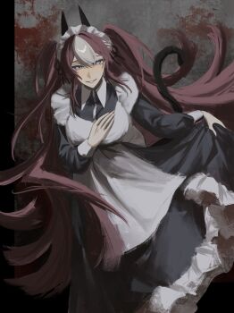 absurdly_long_hair apron cat_tail character_request clothes_lift copyright_request dress dress_lift hand_on_own_chest highres horns light_smile long_hair looking_at_viewer maid_apron maid_headdress nate71762013 tail very_long_hair