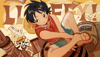 Rule 34 | 1boy, black hair, blue shorts, character name, commentary request, falling paper, full body, hat, highres, jolly roger, looking to the side, male focus, monkey d. luffy, one piece, red shirt, sandals, scar, scar on face, shirt, short hair, shorts, sitting, sleeveless, sleeveless shirt, solo, straw hat, straw hats jolly roger, wuzhou0306