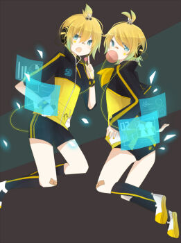 1boy 1girl ahoge bandaid bandaid_on_face bandaid_on_knee bandaid_on_leg bandaid_on_nose black_background black_buruma black_jacket black_shorts blonde_hair blowing_bubble_gum blue_eyes buruma chewing_gum commentary_request earphones facial_mark heads-up_display highres jacket kagamine_len kagamine_len_(stylish_energy) kagamine_rin kagamine_rin_(stylish_energy) key271 long_sleeves looking_at_viewer multicolored_jacket neckerchief open_mouth shoes short_hair shorts star_(symbol) star_facial_mark two-tone_jacket user_interface vocaloid wire wrist_cuffs yellow_jacket yellow_neckerchief yellow_shoes