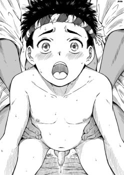 2boys age_difference all_fours anal black_hair blush censored cum dark-skinned_male dark_skin doggystyle foreskin greyscale hachimaki hairband headband highres male_focus moaning monochrome multiple_boys navel nejiri_hachimaki nipples nude open_mouth original penis sex sex_from_behind short_hair shota small_penis spiked_hair teeth testicles tokai tongue torso_grab traditional_clothing upper_teeth_only yaoi