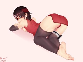 Rule 34 | 1girl, artist name, ass, ass focus, bare shoulders, black eyes, black hair, boruto: naruto next generations, boruto: naruto the movie, breasts, detached sleeves, dress, feet, from above, from behind, glasses, gomicake, headband, naruto (series), panties, pantyshot, red-framed eyewear, red dress, red headband, red panties, short hair, sideboob, sleeveless, sleeveless dress, thighhighs, toeless legwear, uchiha sarada, underwear