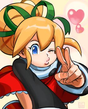 1girl 2020 android black_sleeves blonde_hair blue_eyes dress feet_out_of_frame full_body green_ribbon hair_ribbon hand_up heart lipstick long_hair long_sleeves looking_at_viewer makeup marvel_vs._capcom mega_man_(classic) mega_man_(series) mega_man_8 one_eye_closed overlord_jc pink_lips ponytail puckered_lips red_dress ribbon roll_(mega_man) sidelocks solo v
