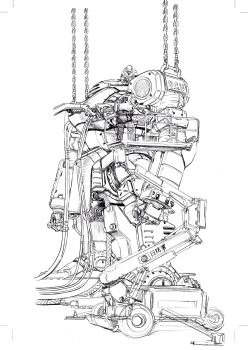 2boys baseball_cap cable clenched_hands from_side front_mission front_mission:_dog_life_&amp;_dog_style graphite_(medium) greyscale hangar hat highres jacket mecha monochrome multiple_boys official_art ohtagaki_yasuo repairing robot science_fiction solo_focus standing traditional_media white_background