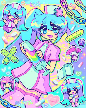 Rule 34 | @ @, absurdres, bandages, bandaid, blue eyes, blue hair, chain, chibi, chibi inset, clipboard, dress, harajuku fashion, hat, hatsune miku, heart, heart-shaped bandaid, highres, holding, holding clipboard, holding pill, holding syringe, inky trash, koiiro byoutou (vocaloid), large syringe, looking at viewer, menhera-chan (ezaki bisuko), my melody, my melody (series), nanase kurumi (menhera-chan), nurse, nurse cap, oversized object, pill, pink dress, rabbit girl, sanrio, syringe, trait connection, twintails, vocaloid