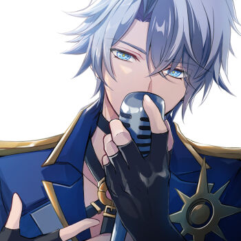 Rule 34 | 1boy, black gloves, blue eyes, blue hair, close-up, covered mouth, eyes visible through hair, fingerless gloves, gloves, hands up, hashtag-only commentary, highres, holding, holding microphone, honkai: star rail, honkai (series), looking at viewer, male focus, microphone, phainon (honkai: star rail), ronigs, short hair, simple background, solo, white background