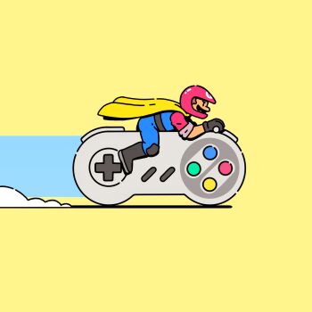 1boy black_boots black_gloves blue_overalls boots brown_hair cape cape_mario commentary controller english_commentary facial_hair from_side full_body game_controller gamepad gloves helmet highres james_turner male_focus mario mario_(series) motorcycle_helmet mustache nintendo overalls profile red_helmet red_shirt riding shirt short_hair simple_background sleeves_rolled_up solo super_famicom_gamepad super_mario_world yellow_background yellow_cape