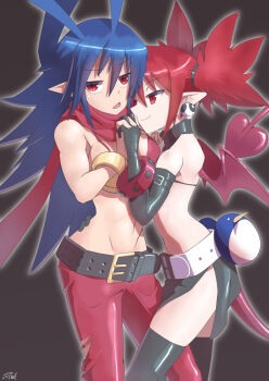 2girls antenna_hair bat_wings belt bikini_top black_background black_gloves black_thighhighs blue_hair bracelet demon_tail demon_wings disgaea earrings elbow_gloves etna_(disgaea) genderswap genderswap_(mtf) gloves gold_bracelet highres holding_hands interlocked_fingers jewelry laharl laharl-chan makai_senki_disgaea mini_wings multiple_girls navel pants pear-shaped_figure pointy_ears red_eyes red_hair revealing_clothes signature skull_earrings strail_cycleman swimsuit tail thighhighs torn_clothes torn_pants wings
