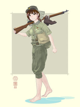 1girl absurdres arisaka bag barefoot bob_cut bolt_action boots brown_background brown_eyes brown_hair carrying_over_shoulder commission dated grin gun hat_flaps highres hip_flask imperial_japanese_army looking_at_viewer military_uniform original rifle shoulder_bag sino_(mechanized_gallery) sleeves_rolled_up smile soldier solo square unworn_boots visor_cap walking weapon