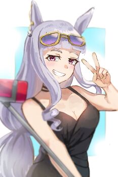 1girl animal_ears black_one-piece_swimsuit blunt_bangs blush bow breasts casual_one-piece_swimsuit cleavage ear_bow ear_flower ear_ornament ear_ribbon eyewear_on_head gold_ship_(run_revolt_launcher)_(umamusume) gold_ship_(umamusume) grey_hair highres horse_ears horse_girl horse_tail large_breasts long_hair looking_at_viewer official_alternate_costume one-piece_swimsuit purple-tinted_eyewear purple_eyes red_eyes smile solo sui_sui0510 sunglasses swimsuit tail tinted_eyewear umamusume water_gun yellow-framed_eyewear