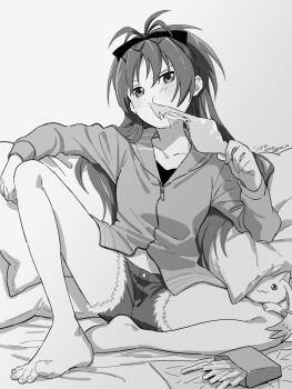 1girl annoyed barefoot blush breasts casual collarbone commentary_request couch denim denim_shorts eating food french_fries fur-trimmed_shorts fur_trim greyscale highres kyubey long_hair looking_at_viewer loungewear mahou_shoujo_madoka_magica monochrome narrowed_eyes on_couch relaxing rocni sakura_kyoko short_shorts shorts sitting small_breasts solo spread_legs thighs toenails