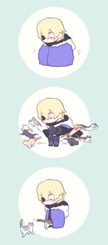 Rule 34 | > <, 1boy, animal, armor, belt, belt buckle, black armor, black belt, black cat, black fur, blonde hair, blue cape, blue eyes, blush, buckle, cape, cat, chibi, closed mouth, d0o00o0b, dimitri alexandre blaiddyd, dimitri alexandre blaiddyd (timeskip), eyepatch, fire emblem, fire emblem: three houses, fur trim, hair behind ear, hair between eyes, highres, motion lines, multicolored cat, multicolored fur, multiple views, nintendo, one eye covered, standing, white cat, white fur