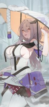 1girl absurdres armor armpits breasts cleavage goddess_of_victory:_nikke grey_hair haidate hat highres japanese_armor japanese_clothes kote large_breasts long_hair open_mouth pants scarlet_(nikke) shirt shoulder_armor sideboob sleeveless sleeveless_shirt sode solo terupancake twitter_username white_hat white_pants white_shirt yellow_eyes