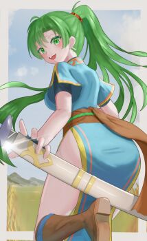 1girl ass blue_dress blush boots breasts brown_boots dress earrings fire_emblem fire_emblem:_the_blazing_blade from_behind green_eyes green_hair high_ponytail highres holding holding_sheath holding_sword holding_weapon jewelry large_breasts long_hair looking_at_viewer looking_back lyn_(fire_emblem) nintendo open_mouth pelvic_curtain ponytail scabbard sheath short_sleeves side_slit smile solo sword tarutaru193 teeth upper_teeth_only very_long_hair weapon