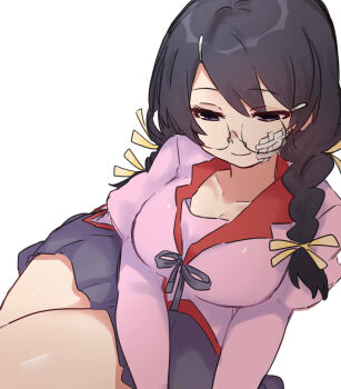 1girl absurdres bandage_on_face bandages black_hair blue_skirt braid breasts commentary_request glasses hair_ornament hairclip hanekawa_tsubasa highres large_breasts long_hair looking_down monogatari_(series) naoetsu_high_school_uniform pink_shirt puffy_sleeves ribbon school_uniform shirt skirt solo thighs tsugumi_(tgm_615486) twin_braids yellow_ribbon