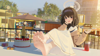 1girl absurdres barefoot birthday_cake black_hair blue_archive blue_eyes blush cake cake_slice feet feet_on_table food hairband han_(hehuihuihui) highres long_hair looking_at_viewer open_mouth soles toes ui_(blue_archive)