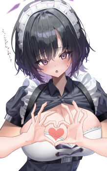 1girl absurdres blue_archive blush breasts cleavage_cutout clothing_cutout commentary_request halo heart heart_hands highres hug large_breasts looking_at_viewer madai_(mappy) maid maid_headdress mole mole_on_neck puffy_short_sleeves puffy_sleeves purple_halo short_braid short_sleeves solo subaru_(blue_archive) translation_request upper_body white_background