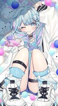 1girl absurdres ahoge ass blue_eyes blue_hair blue_leg_warmers blue_shirt blue_shorts blush braid braided_sidelocks cellphone chain chain_necklace coat commentary full_body grin hand_up highres hololive hololive_dev_is jewelry knees_up leg_warmers lightning_ahoge looking_at_viewer mizumiya_su multicolored_hair necklace one_eye_closed phone pink_hair shirt shoes short_hair shorts sleeves_past_wrists smile sneakers solo streaked_hair thighs twin_braids v virtual_youtuber white_coat white_shoes yuzukiyuno_(yunmu_g)