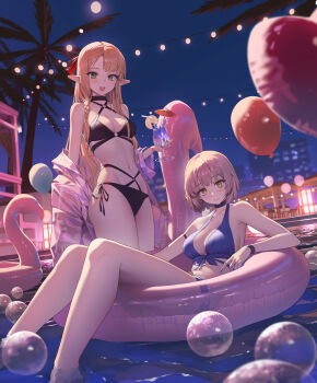 2girls absurdres balloon bikini black_bikini blonde_hair blue_bikini blue_nails blush braid breasts bubble city cityscape closed_mouth cocktail cocktail_glass criss-cross_halter cup drinking_glass dungeon_meshi elf falin_touden floating green_eyes halterneck heart_balloon highres holding holding_cup inflatable_flamingo innertube jacket jacket_partially_removed light_brown_hair long_hair looking_at_viewer marcille_donato medium_breasts multiple_girls navel night on_innertube open_mouth palm_tree partially_submerged pointy_ears pool see-through_clothes see-through_jacket short_hair side-tie_bikini_bottom small_breasts smile standing swim_ring swimsuit teeth tree upper_teeth_only water xzu yellow_eyes