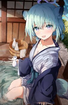 Rule 34 | 1girl, absurdres, animal ears, ashiyu, bath yukata, blue archive, blue halo, blue haori, blush, breasts, bucket, cleavage, collarbone, commentary request, foot bath, green hair, grey kimono, hair between eyes, halo, haori, highres, holding, japanese clothes, kimono, long sleeves, looking at viewer, medium breasts, moru (moru20000), official alternate costume, onsen, open mouth, purple eyes, shigure (blue archive), shigure (hot spring) (blue archive), sleeves past wrists, soaking feet, solo, striped clothes, striped kimono, tail, tokkuri, vertical-striped clothes, vertical-striped kimono, water, weasel ears, weasel girl, weasel tail, wide sleeves, wooden bucket, yagasuri, yukata