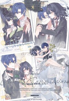 1boy 1girl :d absurdres adjusting_clothes adjusting_headwear ankle_bow ankle_ribbon bare_shoulders belt_collar black-framed_eyewear black_cat black_collar black_hair black_hat black_jacket black_kimono black_sash black_shirt blazer blue_eyes blue_hair bouquet bow bow_hairband braid breasts bridal_veil bride brooch calla_lily cardigan carrying cat center_frills chibi chibi_inset clarence_clayden closed_mouth collar collared_shirt commission commissioner_insert contrast_lapels couple crossed_bangs crown_braid curtained_hair diagonal-striped_clothes diagonal-striped_necktie dress dress_pants earrings eye_contact flower flower_hairband formal_clothes frilled_shirt_collar frilled_sleeves frills front-to-back full_body glasses green_eyes green_flower green_rose green_sash green_shirt grey_vest grid_background groom hair_between_eyes hair_flower hair_intakes hair_ornament hairband hairclip hand_on_own_chest hand_up hat hat_flower hetero high_heels highres holding holding_bouquet holding_hands hug hug_from_behind husband_and_wife jacket japanese_clothes jewelry kimono lapel_pin lapels long_dress long_hair long_sleeves looking_at_another lovebrush_chronicles medium_hair mihuashi_commission mole mole_under_eye mole_under_mouth multiple_views necktie nontraditional_wedding_dress obi oc_x_canon off_shoulder open_cardigan open_clothes open_jacket open_mouth original parallel_hairclips peaked_lapels pearl_earrings pencil_dress photo_(object) pink_lips princess_carry profile red_necktie ribbon rimless_eyewear rose san_che sash school_uniform see-through_clothes see-through_dress see-through_veil semi-rimless_eyewear shirt shirt_under_kimono shoes short_hair side_braid sideways_glance sleeveless sleeveless_shirt small_breasts smile standing strapless strapless_dress striped_clothes striped_shirt suit suit_jacket train_(clothing) under-rim_eyewear undershirt upper_body veil vertical-striped_clothes vertical-striped_shirt vest waist_bow waist_sash wavy_hair wedding wedding_dress white_background white_bow white_dress white_flower white_shirt white_shoes white_suit witch_hat yawning yellow_bow yellow_cardigan yellow_hairband