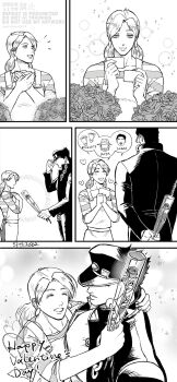 Rule 34 | 1boy, 1girl, flower, gakuran, gift, happy, happy valentine, highres, hug, jojo no kimyou na bouken, kujo holy, kuujou joutarou, monochrome, mother and son, school uniform, smile, ssskkksss2019