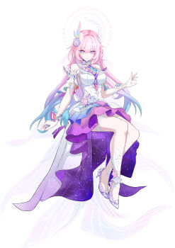 Rule 34 | 1girl, absurdres, bare legs, commentary request, cyrene (demiurge) (honkai: star rail), cyrene (honkai: star rail), dress, hair ornament, high heels, highres, honkai: star rail, honkai (series), invisible chair, kabuto tong, long hair, looking at viewer, pink hair, purple eyes, short sleeves, simple background, sitting, smile, solo, very long hair, white background, white dress