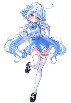 Rule 34 | 1girl, absurdres, ahoge, alternate costume, bag, bare shoulders, blue bow, blue bowtie, blue eyes, blue hair, blue skirt, blue streaks, blush, bow, bowtie, cellphone, cellphone charm, center-flap bangs, charm (object), choker, closed mouth, clothing cutout, collared shirt, colored inner hair, commentary request, drop-shaped pupils, forked hair, frilled shirt, frilled skirt, frilled straps, frilled suspenders, frills, full body, furina (genshin impact), genshin impact, hair bow, hair intakes, hair ornament, handbag, head tilt, high-waist skirt, highres, holding, holding phone, ineka ka, layered skirt, legwear garter, lolita fashion, long hair, long sleeves, looking at viewer, miniskirt, mismatched pupils, multicolored hair, phone, raised eyebrows, shell, shell hair ornament, shirt, shoulder cutout, simple background, single legwear garter, skindentation, skirt, smartphone, smile, solo, standing, standing on one leg, streaked hair, suspender skirt, suspenders, sweet lolita, symbol-shaped pupils, thick thighs, thigh strap, thighhighs, thighs, very long hair, w arms, white background, white choker, white hair, white shirt, white thighhighs