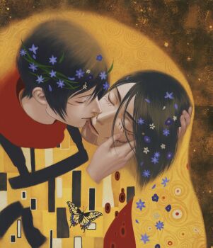 1boy 1girl absurdres aleve0420 black_hair blue_flower bug butterfly closed_eyes couple eren_yeager facial_mark facial_scar flower forget-me-not_(flower) hair_between_eyes hair_flower hair_ornament hand_in_another&#039;s_hair hand_on_another&#039;s_cheek hand_on_another&#039;s_face hetero highres holding_detached_head insect kiss mikasa_ackerman red_scarf scar scar_on_cheek scar_on_face scarf shingeki_no_kyojin short_hair the_kiss upper_body yellow_butterfly