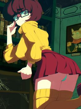 Rule 34 | 1girl, absurdres, bent over, book, bookshelf, breasts, brown eyes, brown hair, chromatic aberration, closed mouth, commentary, deogie, dog, english commentary, english text, glasses, glowing, glowing eyes, green-tinted eyewear, green eyes, green panties, hand on own head, highres, holding table, indoors, kneeling, large breasts, leaning forward, library, long sleeves, looking back, military uniform, nervous smile, panties, pleated skirt, portrait (object), raised inner eyebrows, red shoes, red skirt, ribbed sweater, scooby-doo (series), shoes, short hair, silk, skirt, smile, solo, spider web, split mouth, sweater, thighhighs, tinted eyewear, turning head, underwear, upskirt, velma dinkley, yellow sweater, yellow thighhighs, zettai ryouiki