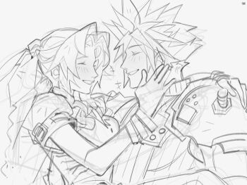 1boy 1girl aerith_gainsborough arm_around_shoulder armor bangle bracelet braid braided_ponytail breasts carrying closed_eyes cloud_strife couple cropped_jacket final_fantasy final_fantasy_vii final_fantasy_vii_remake hair_ribbon hand_on_another&#039;s_cheek hand_on_another&#039;s_face hetero highres jewelry laughing light_blush medium_breasts mmmckayyy parted_bangs parted_lips pauldrons princess_carry puffy_short_sleeves puffy_sleeves ribbon short_hair short_sleeves shoulder_armor sidelocks single_braid single_pauldron sketch sleeveless sleeveless_turtleneck smile spiked_hair suspenders turtleneck