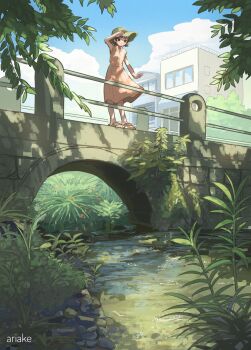 1girl absurdres ariake_(shiroan_koshian) artist_name bridge building cloud day dress hat highres nature original outdoors pink_dress plant rock sandals scenery smile solo standing stream sun_hat water