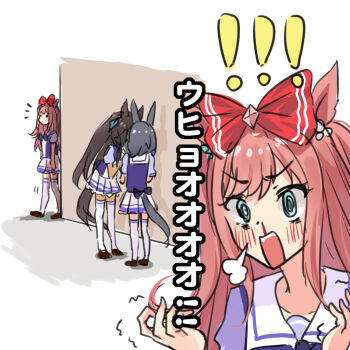 3girls @_@ agnes_digital_(umamusume) animal_ears aroused_nosebleed black_hair blood blue_eyes blush bow bowtie braid braided_ponytail breasts brown_hair closed_mouth crown_braid dark-skinned_female dark_skin earrings glasses hair_between_eyes hair_bow holding_hands horse_ears horse_girl horse_tail jewelry kiss long_hair morizu929 multiple_girls nosebleed open_mouth pink_hair pleated_skirt ponytail puffy_short_sleeves puffy_sleeves purple_bow purple_bowtie purple_shirt sailor_collar sailor_shirt school_uniform shirt short_sleeves single_earring skirt smile symboli_kris_s_(umamusume) tail thighhighs tracen_school_uniform umamusume white_sailor_collar white_skirt white_thighhighs yuri zenno_rob_roy_(umamusume)