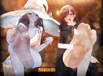 2girls absurdres ahegao alternate_breast_size_(larger) armpit_crease asakura_toru bare_legs barefoot bdsm black_cloak black_hair black_legwear black_nails blue_eyes blue_skin blurry blurry_background blush bound breasts brown_hair chinese_commentary cloak collarbone colored_skin commentary_request cosplay crossed_legs dress elden_ring feet foot_focus foot_out_of_frame foot_up foreshortening hair_ornament hairclip hat head_tilt heart heart-shaped_pupils highres higuchi_madoka idolmaster idolmaster_shiny_colors jewelry large_breasts large_hat long_hair looking_at_viewer magic magic_circle medium_hair melina_(elden_ring) melina_(elden_ring)_(cosplay) multiple_girls nail_polish no_shoes parted_lips ranni_the_witch ranni_the_witch_(cosplay) red_eyes shiny_skin sitting smell soles sparkle steaming_body sweat sweatdrop symbol-shaped_pupils thighs toe_ring toenail_polish toenails toes tongue tongue_out ursica white_dress white_headwear white_legwear witch_hat