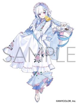 1girl alternate_costume animal animal_on_shoulder apron apron_hold bird bird_on_shoulder blue_hair blue_kimono blunt_bangs bonnet bow chocolate closed_mouth commentary_request copyright_notice cup floral_print floral_print_apron floral_print_kimono flower frilled_apron frilled_kimono frills full_body hair_flower hair_ornament hairclip holding holding_tray japanese_clothes kimono lize_helesta long_hair long_sleeves looking_at_viewer maid maid_apron multicolored_hair nijisanji official_art print_apron print_kimono purple_eyes ringlets rose_print sample_watermark saucer sebastian_piyodore simple_background sleeve_bow smile solo standing streaked_hair tea teacup teapot tray two-tone_hair virtual_youtuber wa_maid waist_bow watermark white_apron white_background white_bonnet white_bow white_hair wide_sleeves yellow_bird yukko_(matakite_4kaku)