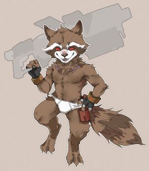 1boy absurdres animal_ears barefoot black_gloves claws colored_sclera commentary fangs fingerless_gloves furry furry_male gloves guardians_of_the_galaxy gun highres holding holding_gun holding_weapon looking_at_viewer male_focus male_underwear marvel no_pants over_shoulder raccoon_boy raccoon_ears raccoon_tail red_sclera rocket_raccoon sisijimakarashi smile symbol-only_commentary tail topless_male underwear weapon weapon_over_shoulder white_male_underwear