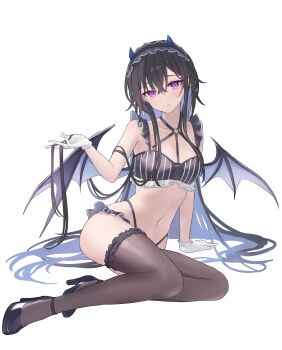 Rule 34 | 1girl, absurdres, arm support, bare shoulders, bat wings, black hair, black shoes, blue horns, bra, breasts, chest harness, collarbone, colored inner hair, crossed bangs, frilled bra, frilled panties, frilled thighhighs, frills, gloves, hair between eyes, hairband, harness, head tilt, heart, heart o-ring, high heels, highres, horns, ichinose uruha, ichinose uruha (birthday 2023), kmdr 04, light blush, lingerie, lolita hairband, long hair, looking at viewer, lupinus virtual games, multicolored hair, navel, o-ring, o-ring harness, panties, panty straps, purple eyes, shoes, simple background, sitting, small breasts, small horns, solo, striped bra, striped clothes, thighhighs, underwear, vertical-striped bra, vertical-striped clothes, virtual youtuber, vspo!, white background, white gloves, wings, yokozuwari