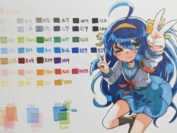 Rule 34 | 1girl, ;3, ahoge, badluck2033, blue hair, blush, color guide, commentary request, cosplay, double v, green eyes, highres, izumi konata, long hair, looking at viewer, lucky star, marker (medium), one eye closed, school uniform, serafuku, skirt, solo, suzumiya haruhi, suzumiya haruhi (cosplay), suzumiya haruhi no yuuutsu, traditional media, v, very long hair