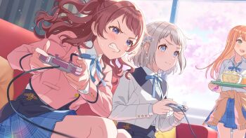 3girls blazer blonde_hair blue_eyes blue_hair braid buttons clothes_around_waist collared_shirt controller couch cup curtains drinking_glass food gakuen_idolmaster game_cg game_controller grey_hair hanami_saki holding idolmaster jacket katsuragi_lilja multicolored_hair multiple_girls neck_ribbon official_art open_mouth orange_hair playing_games popcorn ribbon school_uniform shirt shiun_sumika sitting skirt sweater sweater_around_waist teeth tray window