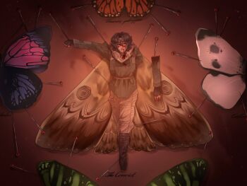 Rule 34 | 1boy, amputee, black gloves, black hair, bug, buondiorno, butterfly, fingerless gloves, full body, gloves, highres, impaled, insect, insect pin, iron lung (movie), male focus, moth, outstretched arms, scarf, severed arm, severed limb, short hair, simon (iron lung), solo, tunic, waistband, wavy hair, wings