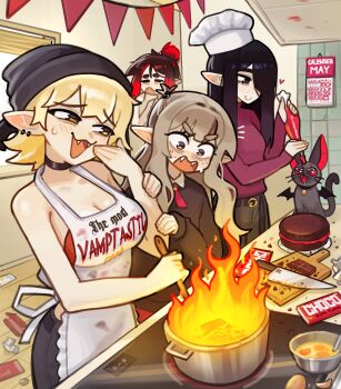 4girls :3 :d absurdres bare_arms bare_shoulders black_choker black_eyes black_hair blonde_hair breasts brown_eyes brown_hair c: cake calendar_(object) cat chef_hat chocolate choker clothes_writing commentary cooking cutting_board ear_piercing eleanor_(justadrian) english_commentary english_text fangs fire food grey_hair hair_over_one_eye hat headscarf highres indoors justadrian_(yoadriandk) kitchen knife large_breasts licorice_(justadrian) long_pointy_ears mavie_(justadrian) multicolored_hair multiple_girls open_mouth original piercing pointy_ears red_hair scarlett_(justadrian) sidelocks smile smug stove sweatdrop two-tone_hair yawning
