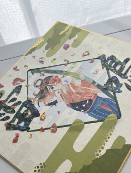 Rule 34 | 1girl, archery, black eyes, black hair, blue hakama, bow (weapon), brown hair, closed mouth, clothing cutout, colored inner hair, commentary request, diamond border, dutch angle, egasumi, floating hair, flower, flower over eye, gloves, hakama, hip vent, holding, holding bow (weapon), holding weapon, index finger raised, japanese clothes, kyuudou, long hair, looking ahead, manimani (vocaloid), masking tape (medium), multicolored hair, muneate, outstretched arms, partially fingerless gloves, partly fingerless gloves, photo (medium), pink hair, red flower, sasasa (sss 3a), shikishi, solo, tasuki, translated, unconventional media, vocaloid, weapon, yugake