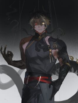 1boy absurdres arknights armor belt black_pants black_shirt black_skin blood bloody_tears brown_hair chongyue_(arknights) claws colored_extremities colored_skin commentary_request cowboy_shot dragon_boy dragon_horns empty_eyes grimace hand_up heterochromia highres horns long_hair looking_at_viewer male_focus muscular muscular_male pants puppet_strings red_belt red_eyes revision shirt shoulder_armor sleeveless sleeveless_shirt solo spoilers yellow_eyes yomotobi